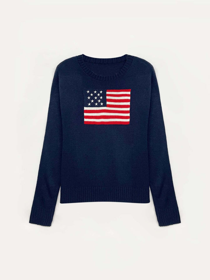 Women's Knitted Sweater with American Flag Motif