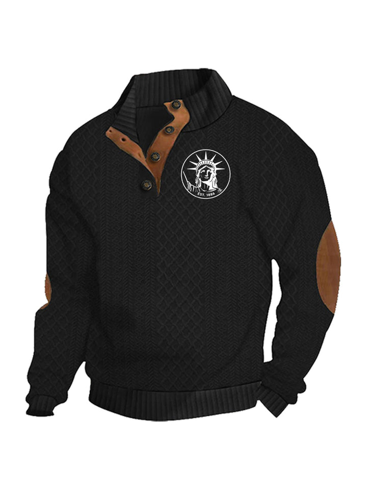 Men's Heritage Textured Pullover with Stand-up Collar Faux Leather Trim Elbow Patches and Half-button Placket