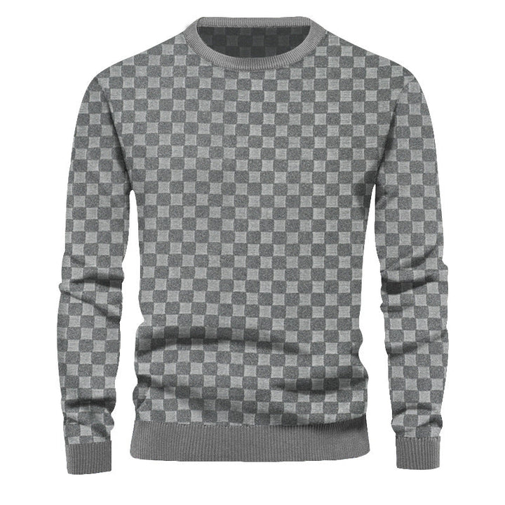 Men's Finely Structured Round Neck Sweater with Check Relief and Ribbed Cuffs
