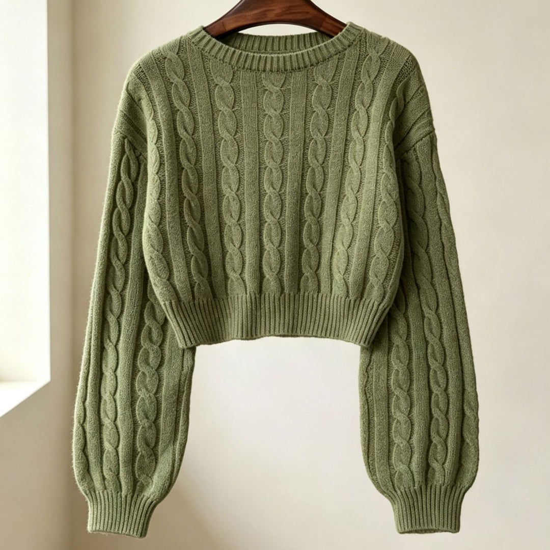 Women Cropped Cable Knit Sweater with Boxy Silhouette and Balloon Sleeves