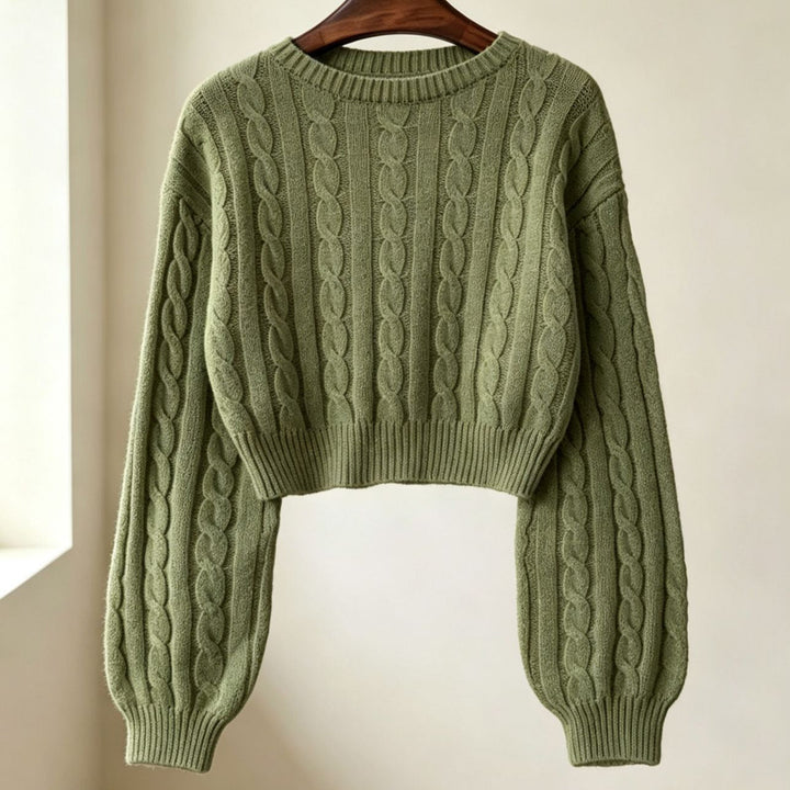 Women Cropped Cable Knit Sweater with Boxy Silhouette and Balloon Sleeves
