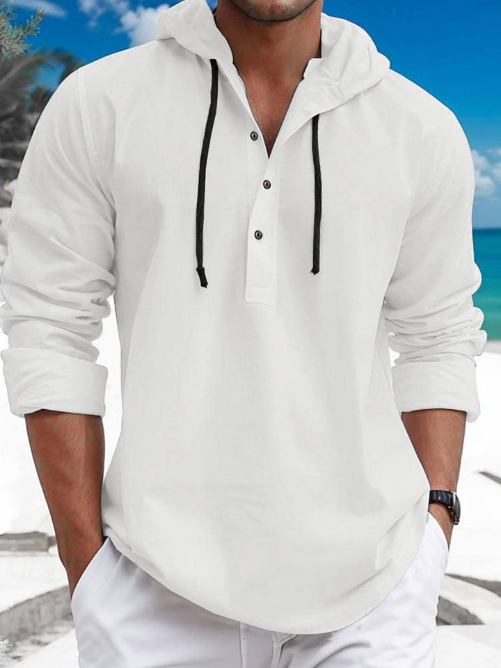 Men's Summer Hoodie Henley with Hidden Button Placket, Drawstring and Rounded Hem