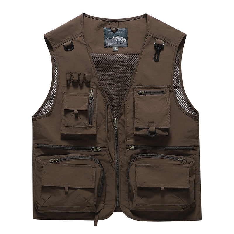 Men's Multifunctional Outdoor Utility Vest with Numerous Zip Pockets, D-ring and Carabiner