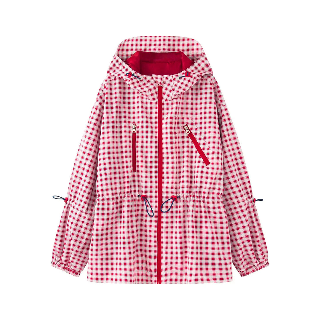 Women's Checkered Rain Parka with Hood, Drawstring Waist and Diagonal Zippered Pockets