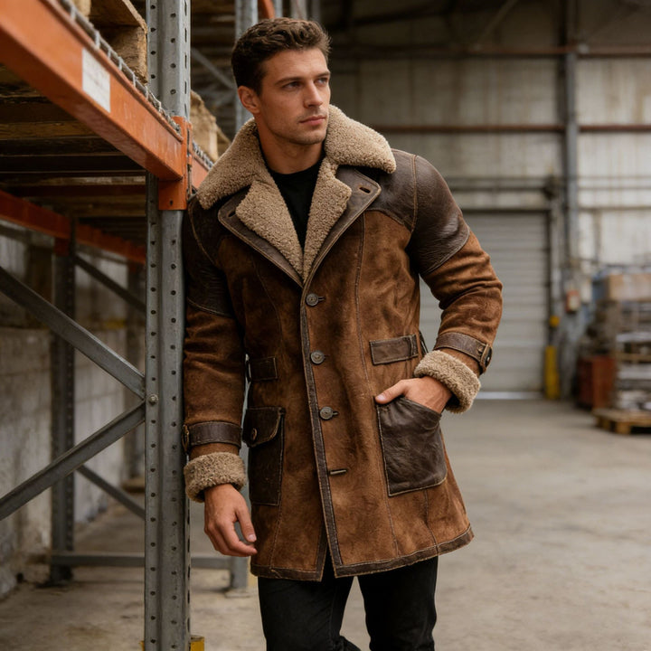 Men's Long Shearling Coat made of Suede with Leather Trim