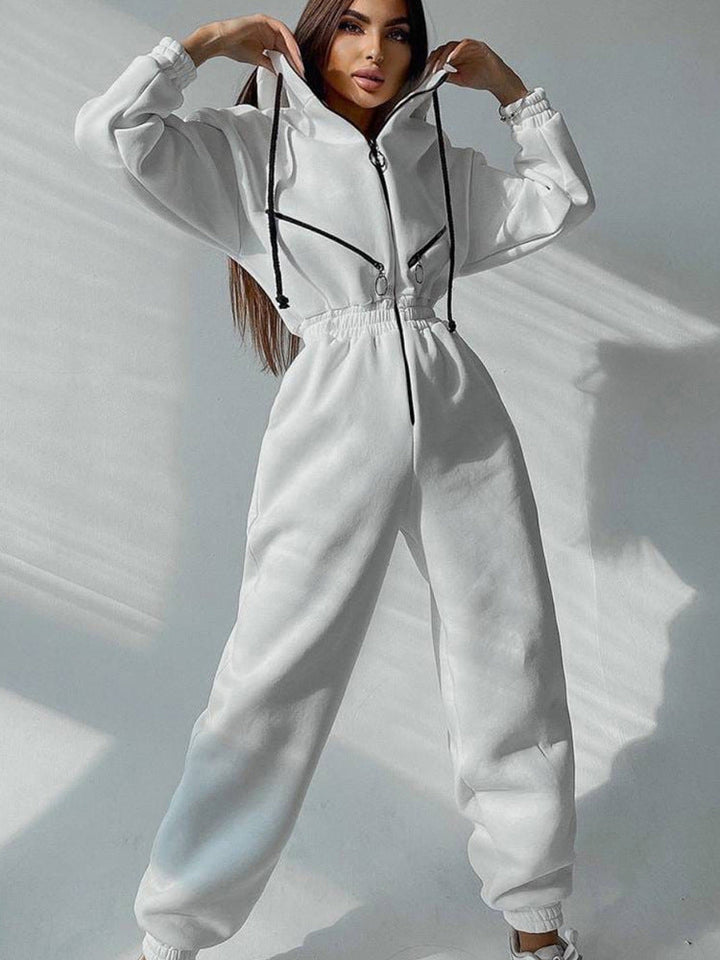 Women's Tailored Hooded Sweat Jumpsuit with Zipper and Elastic Waistband