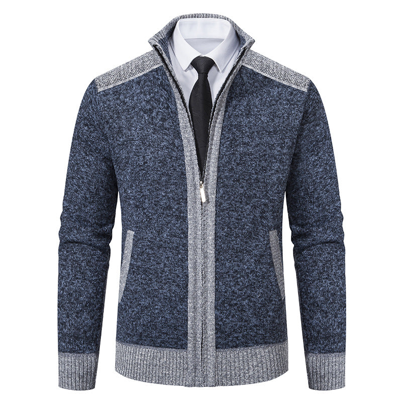 Men's Structured Knit Cardigan with Stand-up Collar and Full Zip