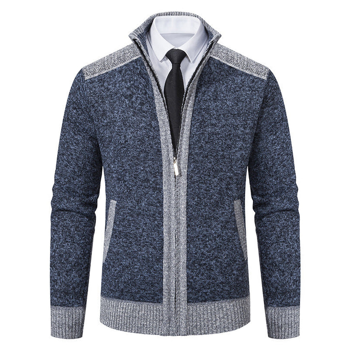 Men's Structured Knit Cardigan with Stand-up Collar and Full Zip