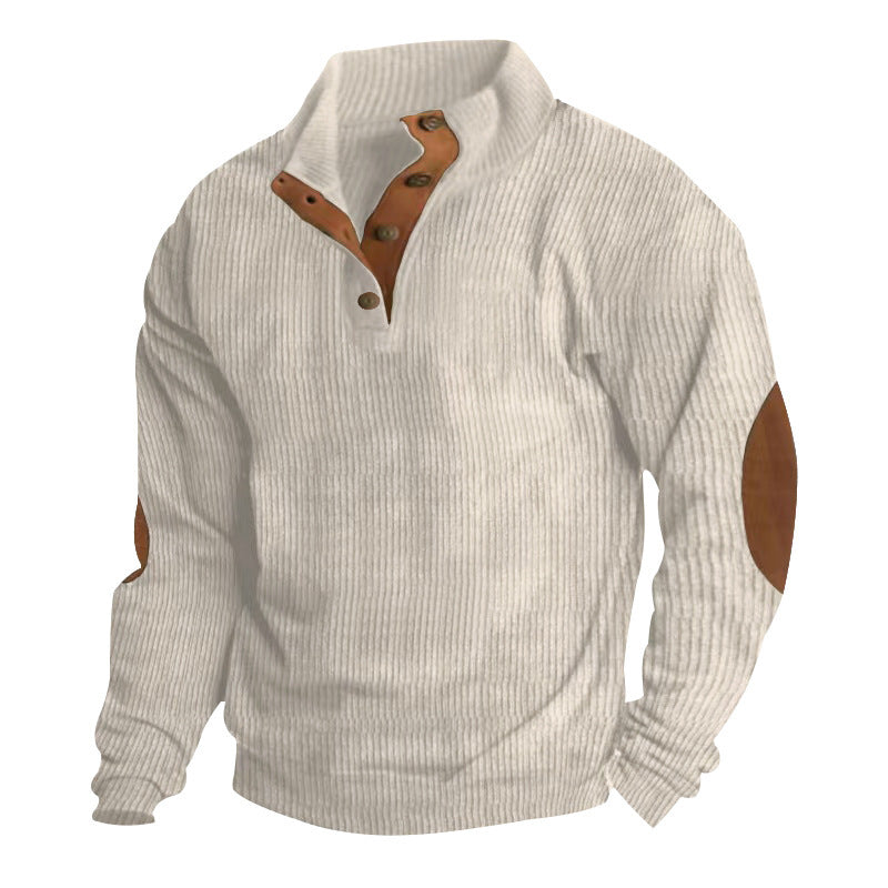 Men's Ribbed Henley Sweater with Stand Collar, Button Placket & Leather Elbow Patches