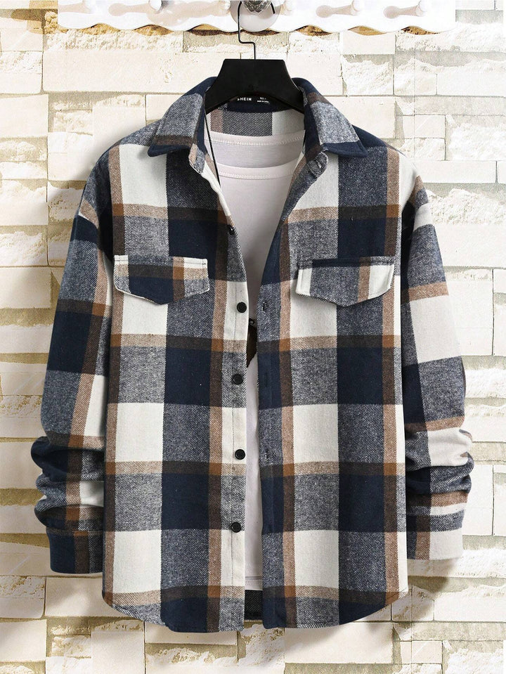 Men's Oversized Check Shirt Jacket made of Soft Flannel with Patch Chest Pockets