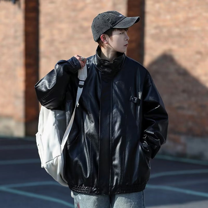 Men's Oversized Faux Leather Bomber Jacket with Stand Collar and Elastic Hem