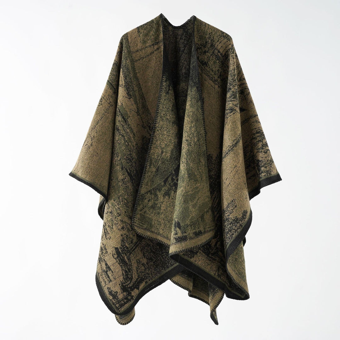 Women Oversize Ruana in Boxy Cape with Jacquard Woven Structure and Soft Wool Blend Drape