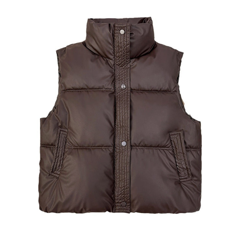 Women's Sleeveless Padded Quilted Vest with High Stand-up Collar and Drawstring