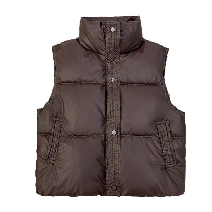 Women's Sleeveless Padded Quilted Vest with High Stand-up Collar and Drawstring