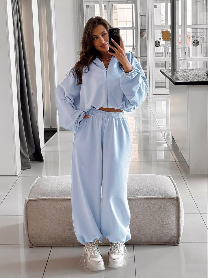Women Oversized Hoodie Jacket with Full Zip and High Waist Elastic Waistband Jogging Pants Set