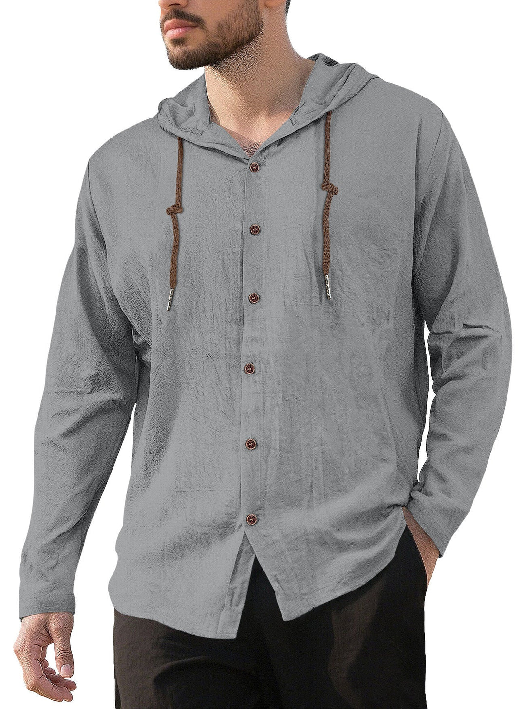 Men's Textured Linen Blend Hooded Shirt with Button Placket, Wood Buttons, and Side Slits