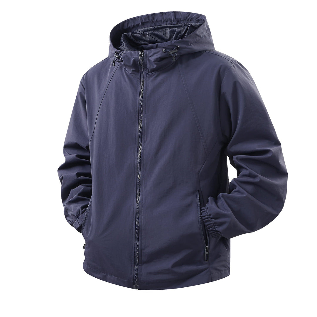 Men's Lightweight Breathable Hooded Windbreaker with Mesh Lining and Zipper Pockets