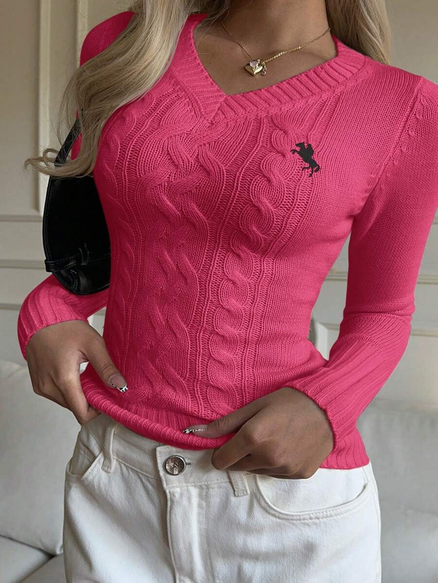 Women's Fine Knit Sweater with V-Neck and Textured Cable Pattern
