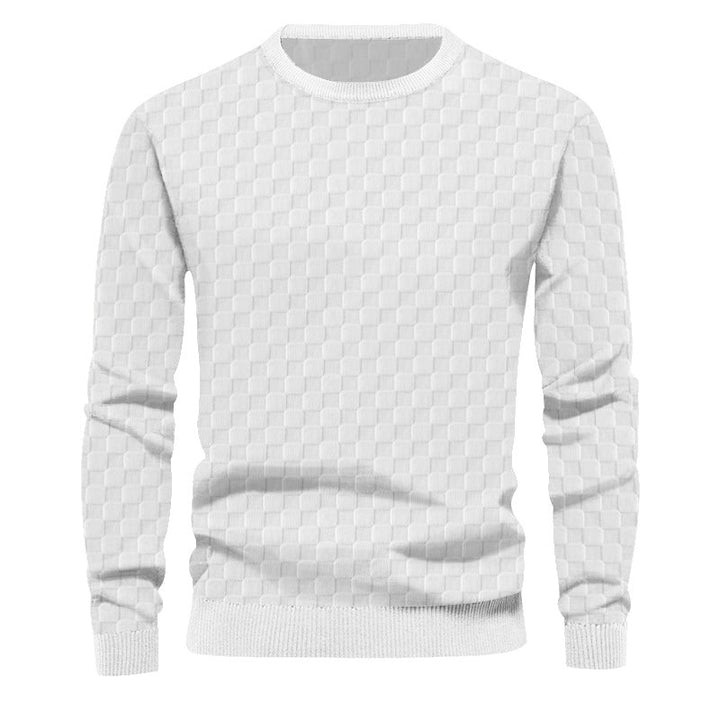 Men's Finely Structured Round Neck Sweater with Check Relief and Ribbed Cuffs
