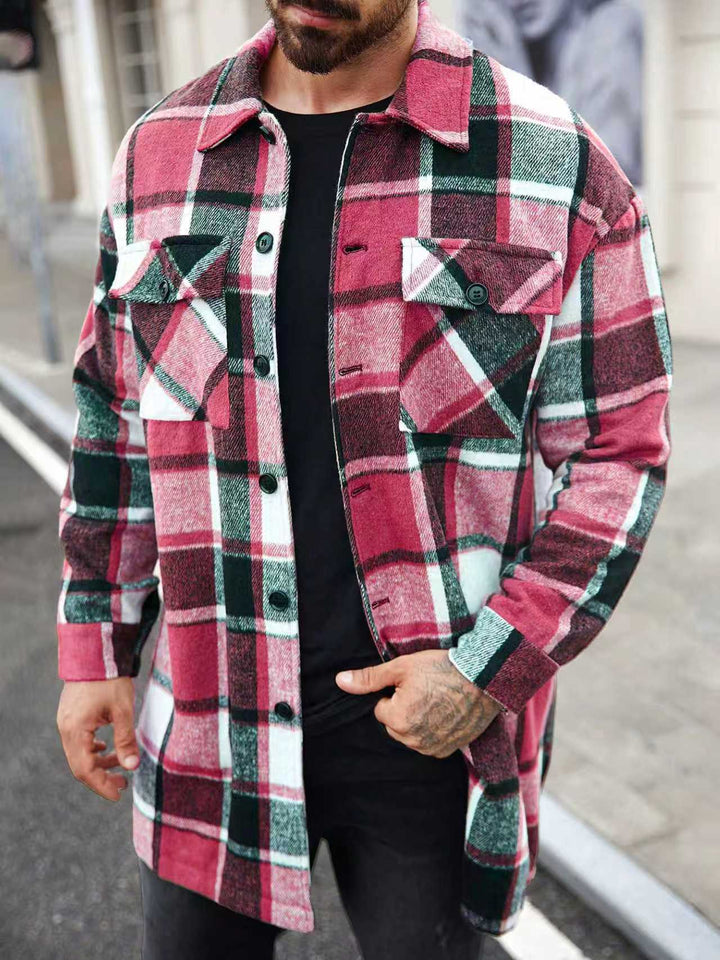 Men's Checked Longline Overshirt with Patch Chest Pockets and Button Placket