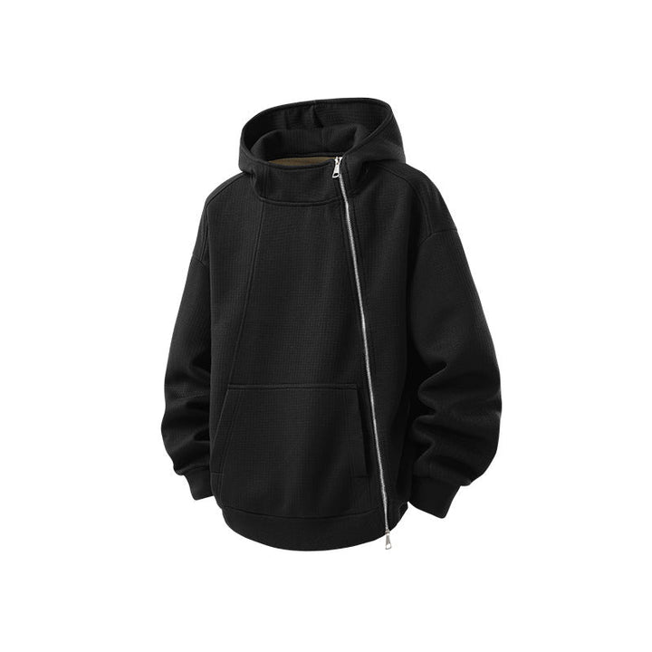 Unisex Asymmetric Hoodie with High Collar, Diagonal Zipper and Kangaroo Pocket