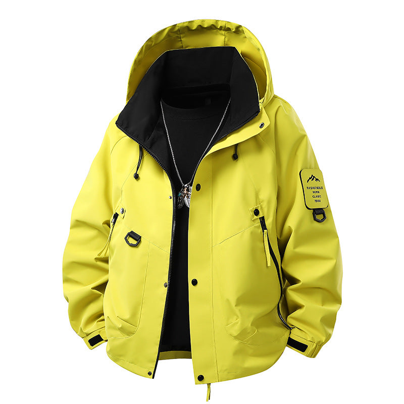 Men's Waterproof Outdoor Utility Rain Jacket with Hood, Multiple Pockets and Adjustable Hem