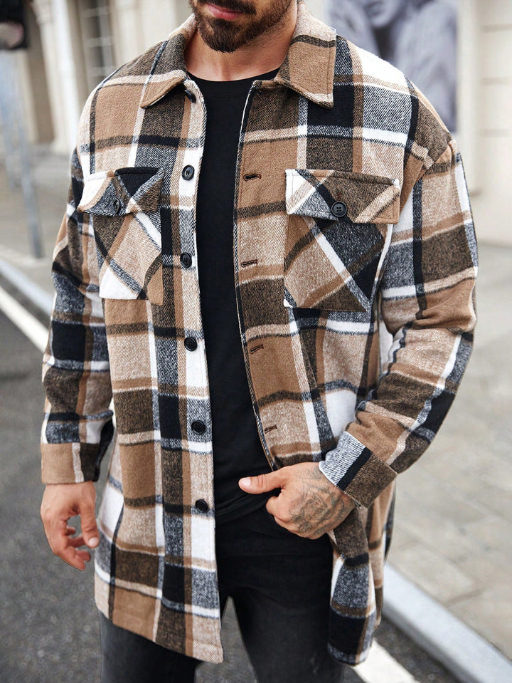 Men's Checked Longline Overshirt with Patch Chest Pockets and Button Placket