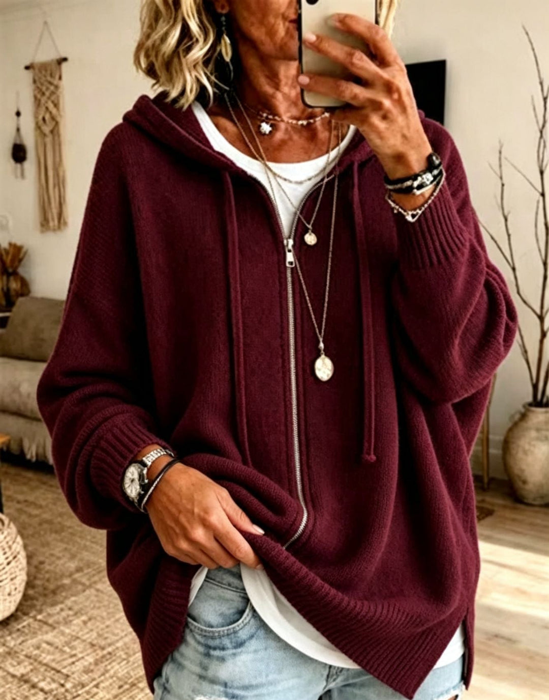 Women's Oversize Hooded Zip Cardigan made of Soft Fine Knit