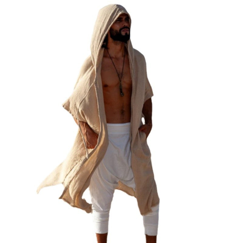 Men's Hooded Kaftan made of Linen-Cotton Blend Oversized with Pockets