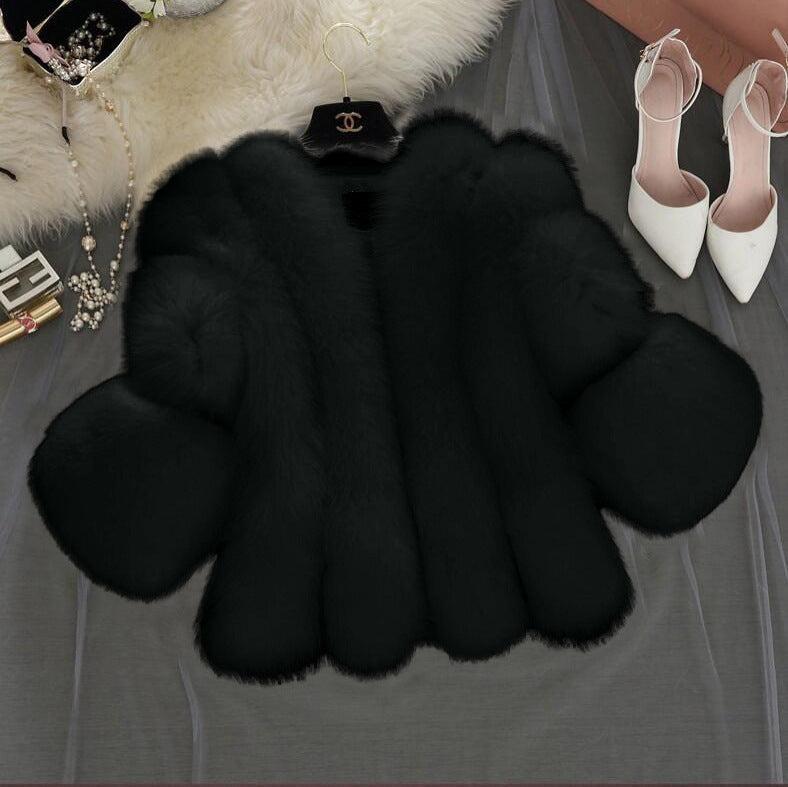 Women Fluffy Faux Fur Coat with Wide Cut Sleeves