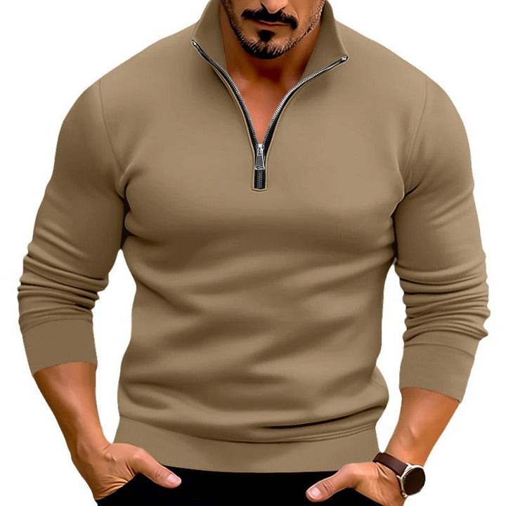 Men's Fitted Fine Knit Pullover with Short Zipper and Stand-up Collar