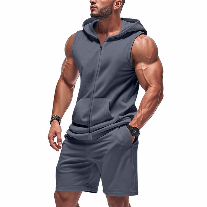 Men's Sporty Hoodie Set with Sleeveless Sweatshirt, Full Zip, and Training Shorts