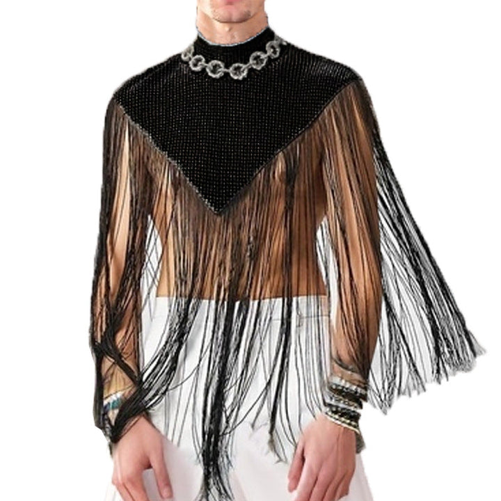 Women's Long Fringed Cape with Turtleneck and V-shaped Insert