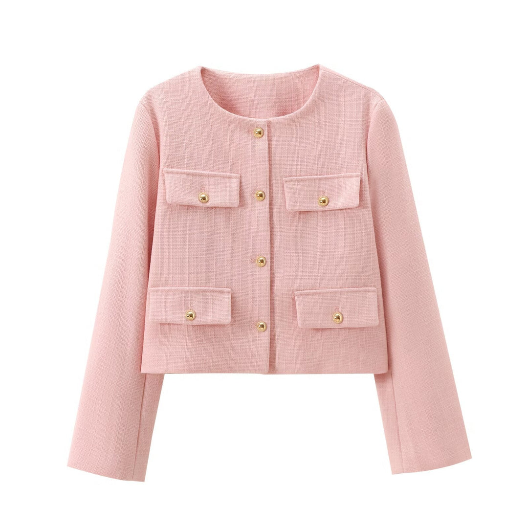 Women's Short-cut Bouclé Tweed Jacket with Round Neckline Decorative Button Details and Attached Flap Pockets