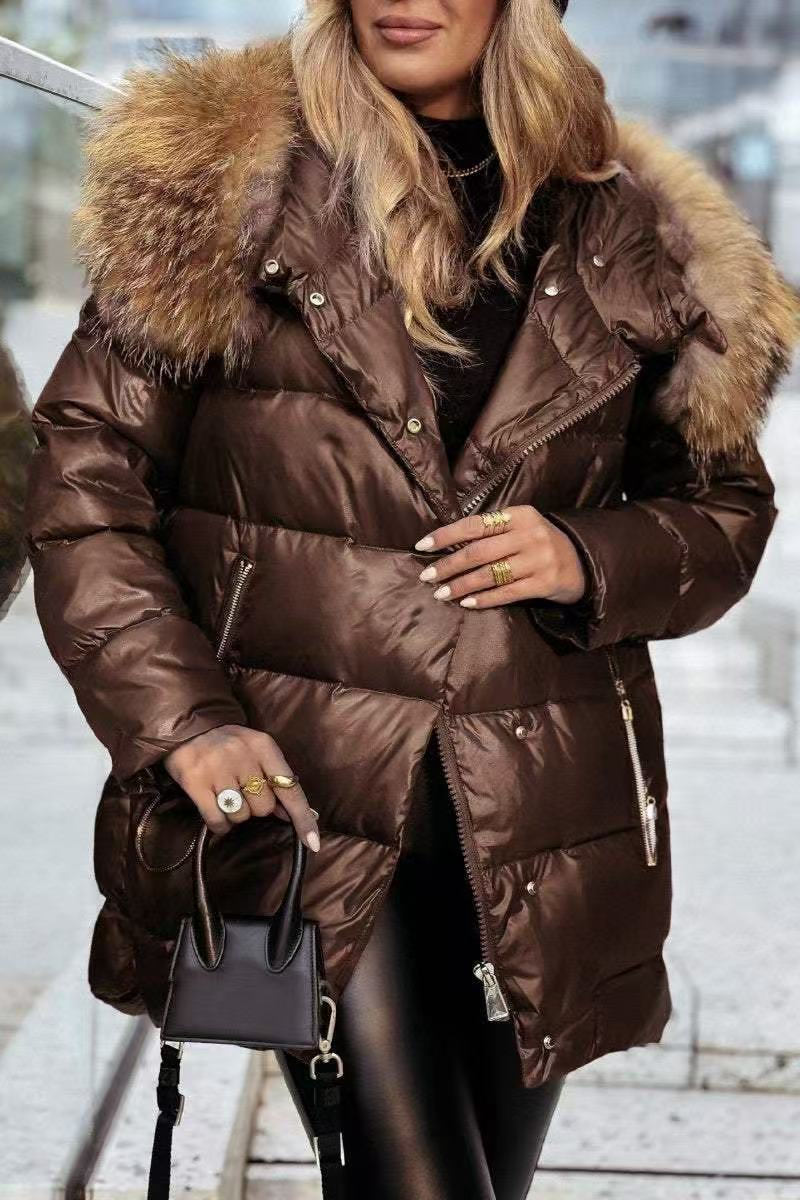 Women's Winter Down Jacket with Removable Hood and Luxurious Fur Collar
