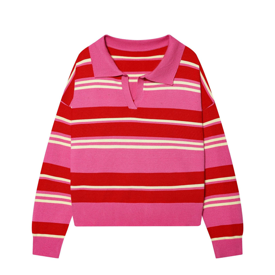Women's Striped Fine Knit Polo Sweater with Button Placket, Ribbed Cuffs, and Light Wool Blend