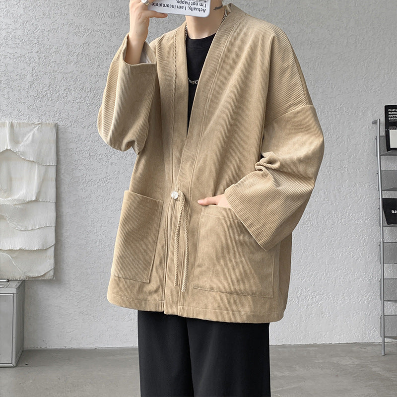 Men's Oversized Cord Kimono Cardigan with Drawstring, Patch Pockets and Drop Sleeves