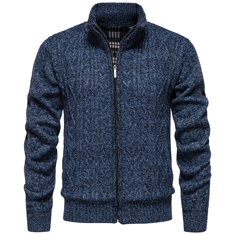 Men's Chunky Knit Cardigan with Cable Pattern, Stand-up Collar and Checked Inner Lining
