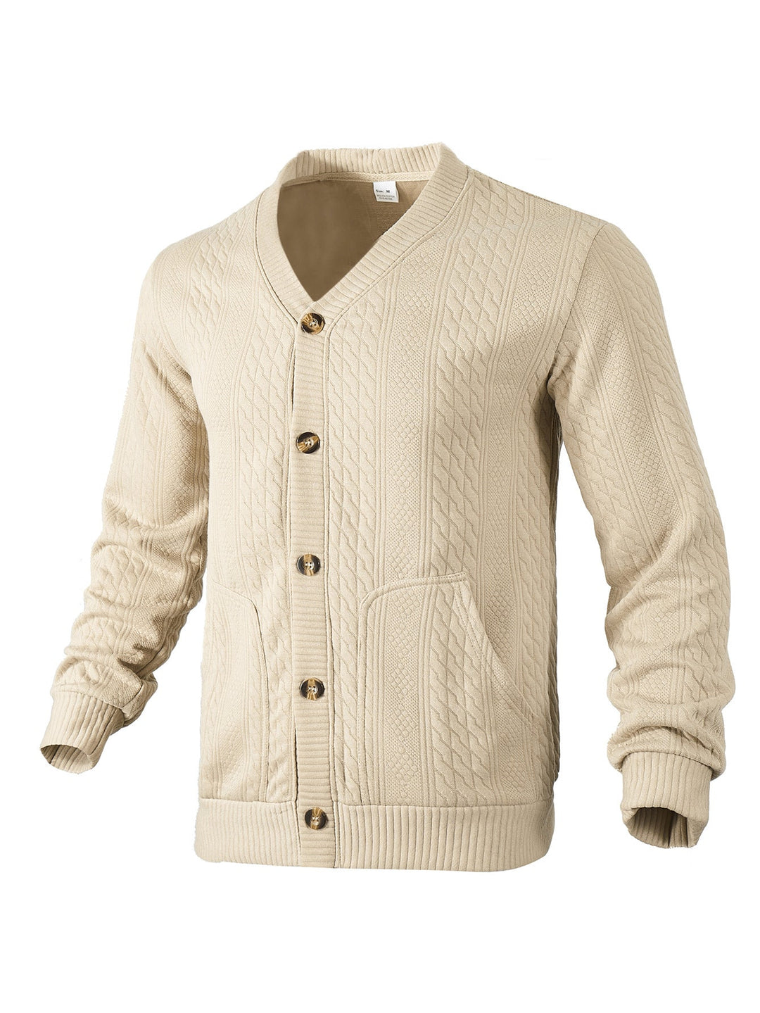 Men's Elegant Braided Knit Cardigan with V-neck Button Placket and Patch Pockets