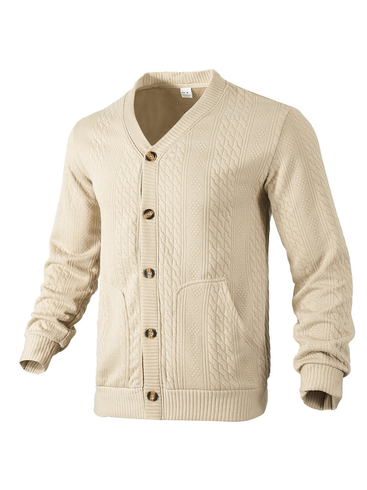 Men's Elegant Braided Knit Cardigan with V-neck Button Placket and Patch Pockets