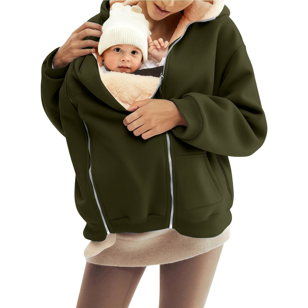 Women Baby Carrier Hoodie with Teddy Lining and Two-way Zipper