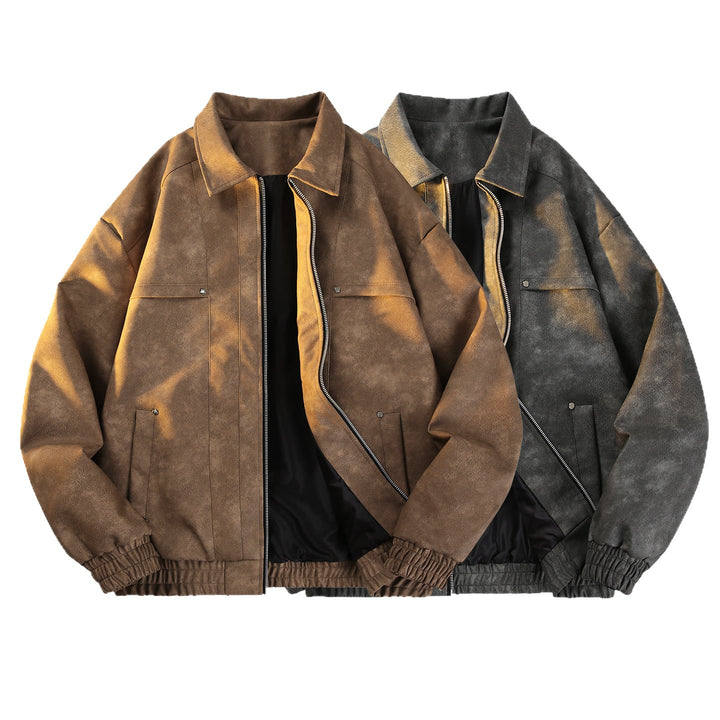 Men's Vintage-inspired Velour-look Transitional Jacket with Two-way Zipper, Elastic Hem & Flap Pockets