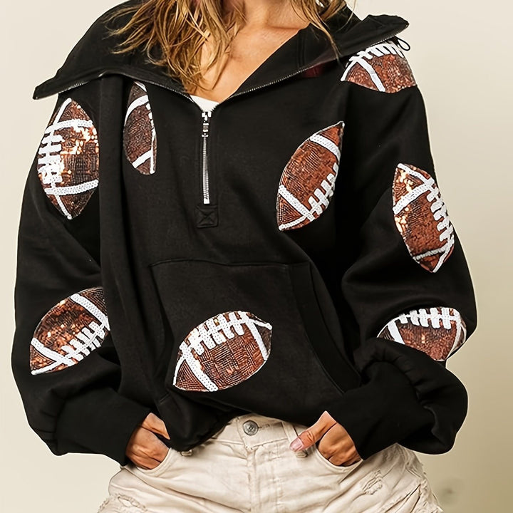 Women's Oversized Hoodie with Half Zipper and Sequin Football Application