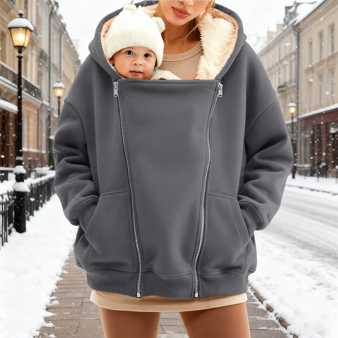 Women Baby Carrier Hoodie with Teddy Lining and Two-way Zipper