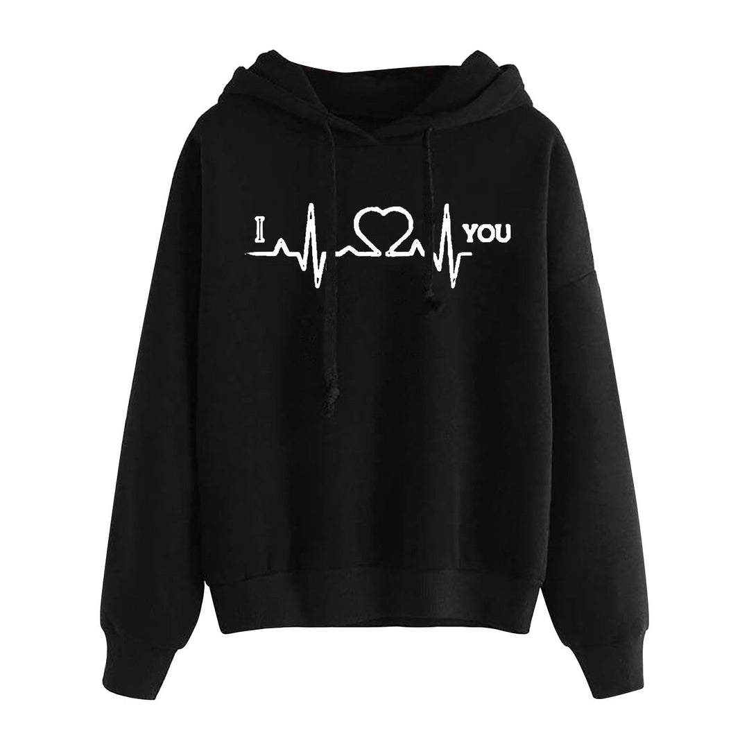 Women Light Oversized Hoodie with Heart EKG Motif, Long Cords and Elastic Cuff