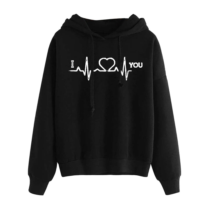 Women Light Oversized Hoodie with Heart EKG Motif, Long Cords and Elastic Cuff