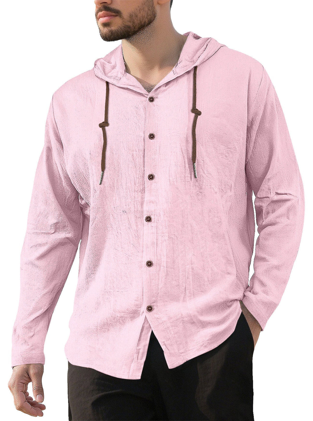Men's Textured Linen Blend Hooded Shirt with Button Placket, Wood Buttons, and Side Slits