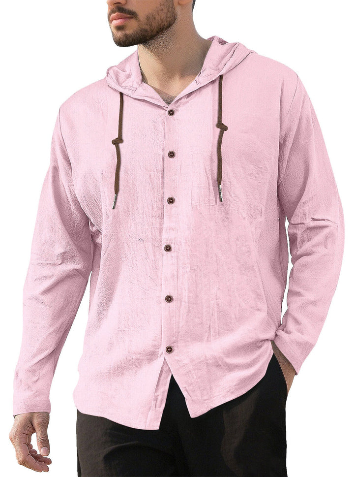 Men's Textured Linen Blend Hooded Shirt with Button Placket, Wood Buttons, and Side Slits