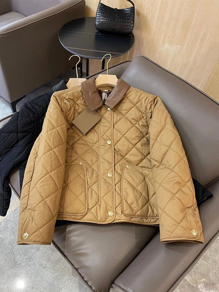 Women's Quilted Transitional Jacket with Leather Collar and Snap Button Closure