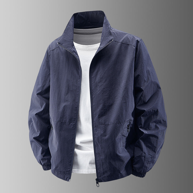 Men's Breathable Lightweight Windbreaker with Stand-up Collar, Elastic Cuffs and Concealed Zippered Pockets